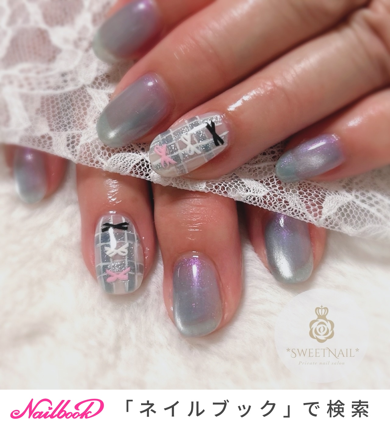 ネイルチップ 水色 さくらんぼ リボン スナ系 チェックネイル ハート ちゅるん ネイルチップ 水色 さくらんぼ リボン スナ系 チェックネイル ハート