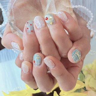 no.036ニュアンスチェックリボン ネイルチップ 水色 サイズオーダー チェック/リボン/水色のネイルデザイン｜ネイルブック