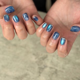 09))マグネットネイル ネイルチップ フレンチガーリー ハート ブルー