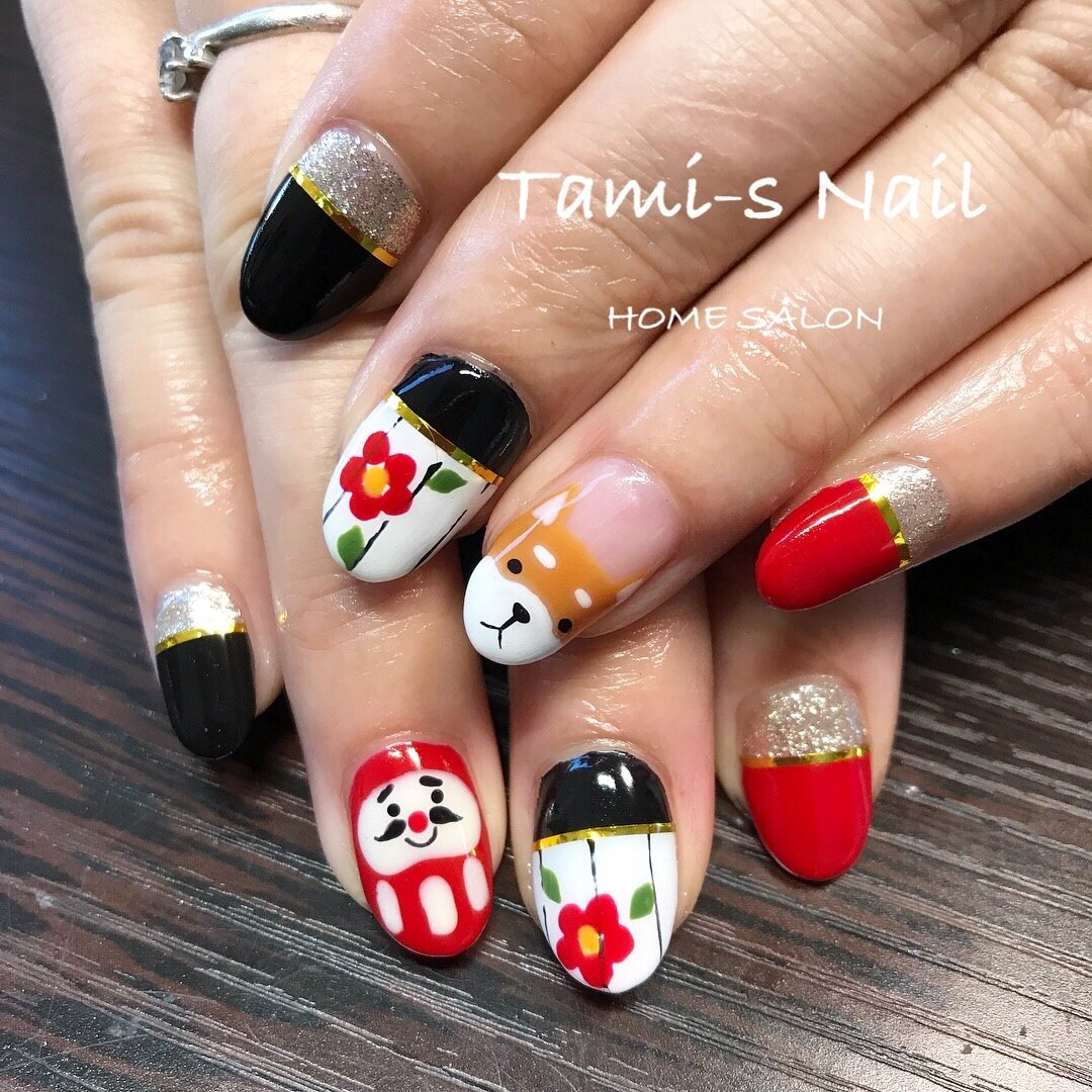 冬 お正月 ハンド キャラクター ミディアム Tamisnailのネイルデザイン No ネイルブック