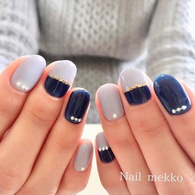 フレンチ ワンカラー パール バイカラー ネイビー Nail Mekkoのネイルデザイン No ネイルブック