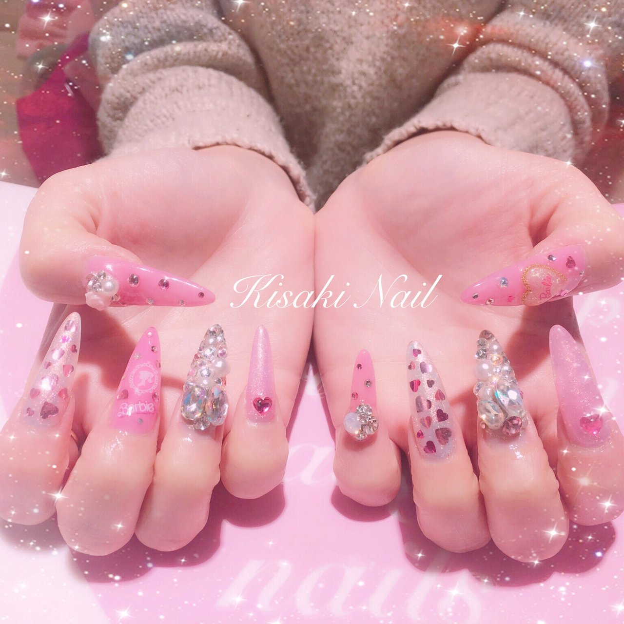 ハンド/ハート/デコ/ロング/ピンク - Kisakiのネイルデザイン[No