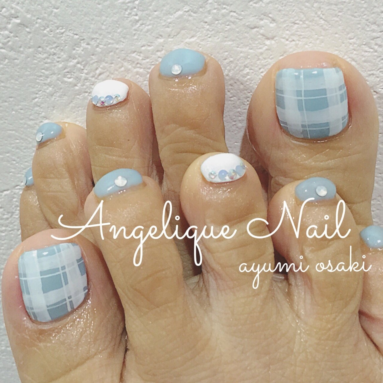 春 夏 フット チェック 水色 Angelique Nail Ayumiのネイルデザイン No ネイルブック