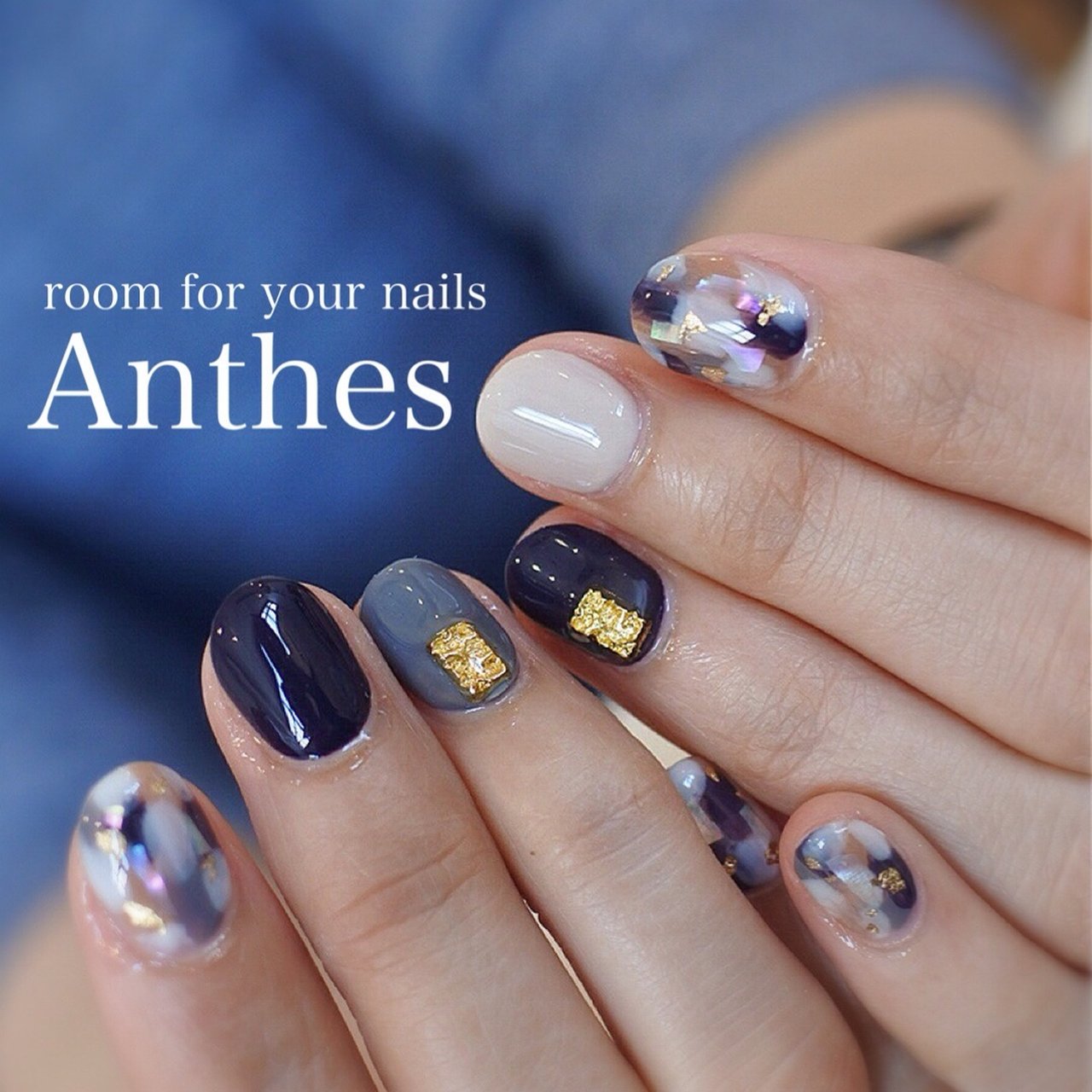 オールシーズン ハンド ショート ベージュ ネイビー アンセス Okayamaのネイルデザイン No ネイルブック