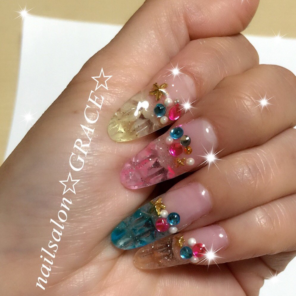 春 夏 海 ステンドグラス ロング Grace1510のネイルデザイン No ネイルブック