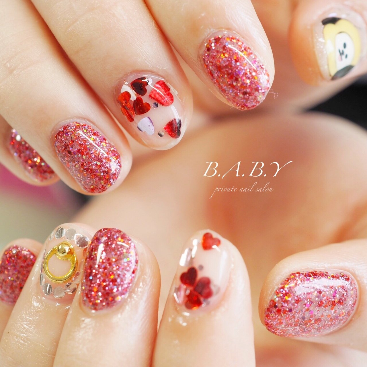 オールシーズン ハンド ハート ショート レッド B A B Y Nail Emiのネイルデザイン No ネイルブック