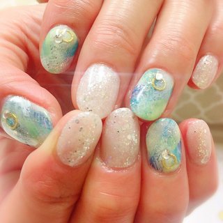  #夏 #梅雨 #海 #リゾート #ハンド #ワンカラー #ニュアンス #ショート #グリーン #ネイビー #シルバー #ジェルネイル #お客様 #NailSalon MOON #ネイルブック