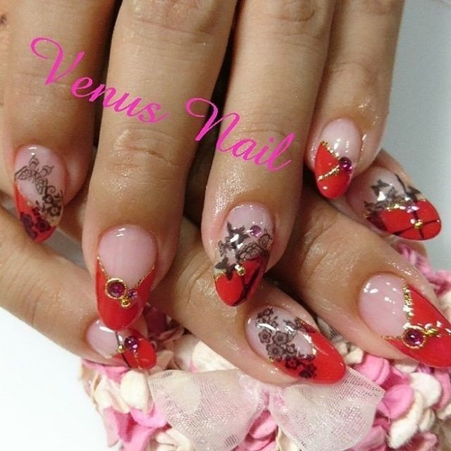 オールシーズン ハンド レース ミディアム レッド Venusnail ヴィーナスネイル のネイルデザイン No ネイルブック