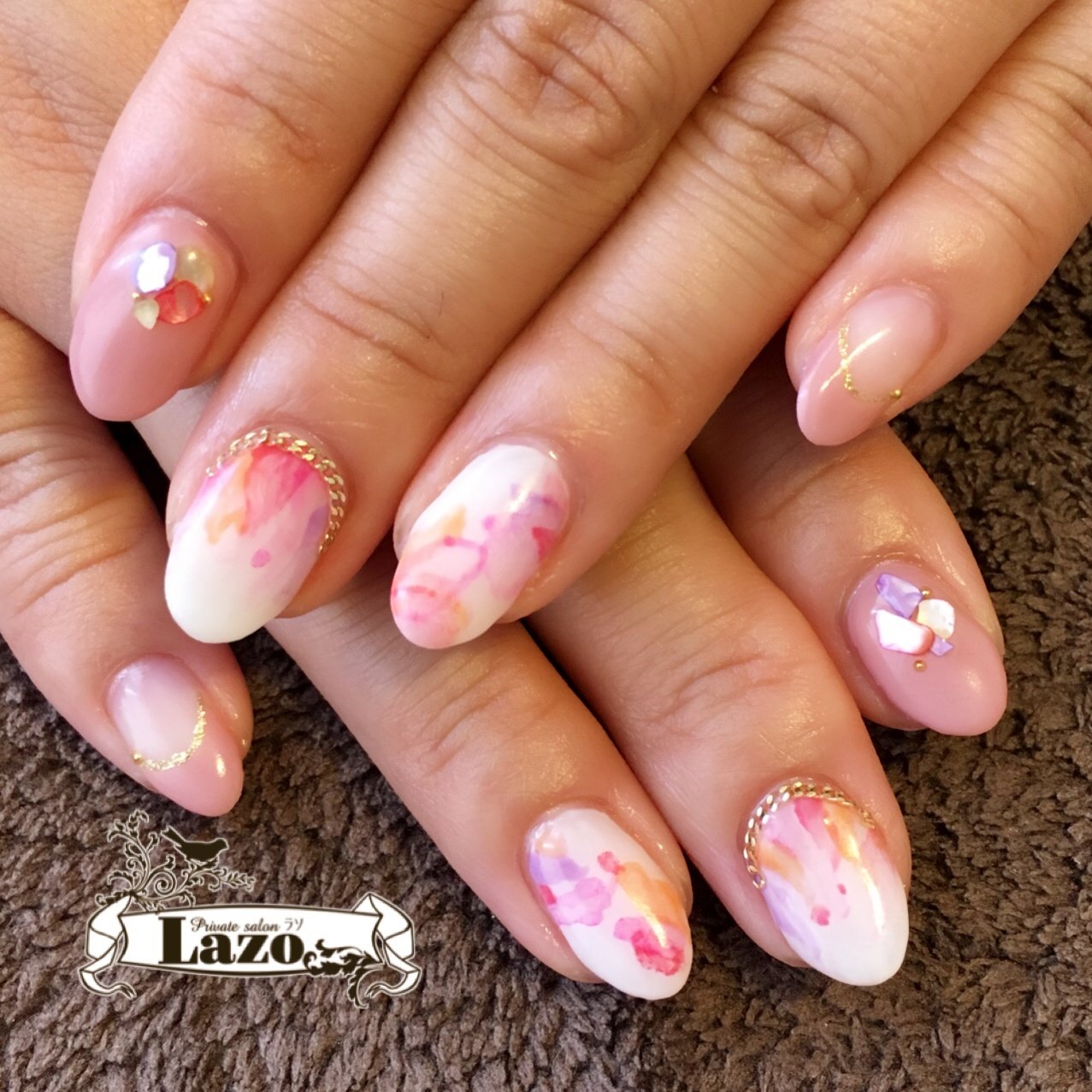 春 夏 ハンド フレンチ ビジュー Lazo 明石アイラッシュ ネイル