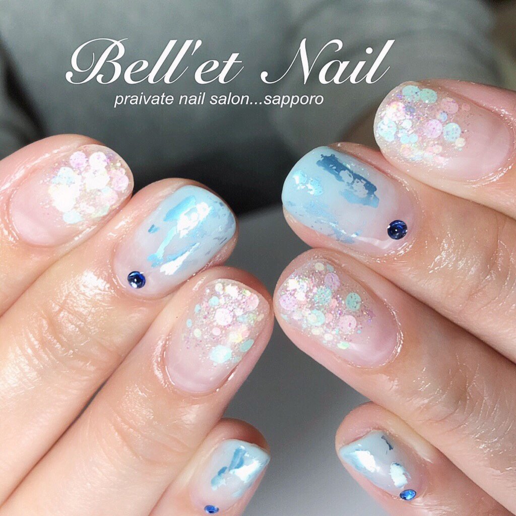 グラデーション水色シルバー Bellet Nail ネイリスト佐藤綾子の