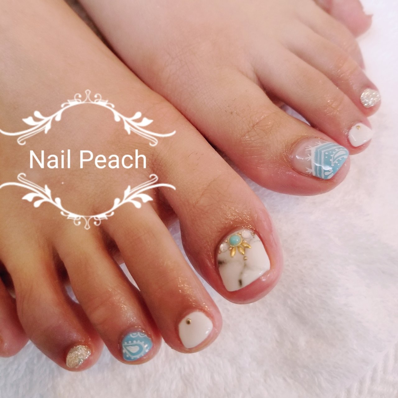 夏 大理石 ホワイト ターコイズ ジェル Nail Peachのネイルデザイン No ネイルブック