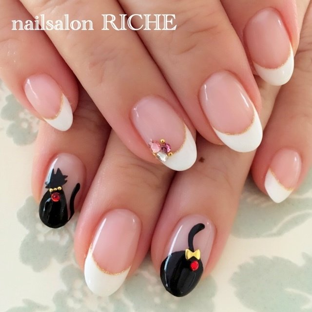 オールシーズン ハンド フレンチ アニマル柄 キャラクター Nailsalon Richeのネイルデザイン No ネイルブック