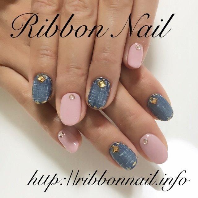 秋 ハンド デニム ピンク ブルー Ribbonnailリボンネイル岡崎のネイルデザイン No ネイルブック