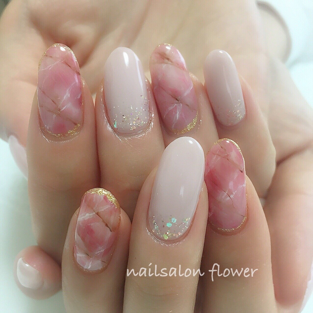 大理石 ベージュ ピンク ジェル お客様 Nailsalon Flowerのネイルデザイン No ネイルブック