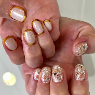 #オシャレ #アシンメトリーネイル #べっこう #ラメ #ジェルネイル #シェル #キラキラネイル #個性派ネイル #夏 #秋 #梅雨 #ハンド #ホログラム #ラメ #シェル #ニュアンス #べっ甲 #ショート #ホワイト #イエロー #シルバー #ジェルネイル #お客様 #ms_mamiko #ネイルブック