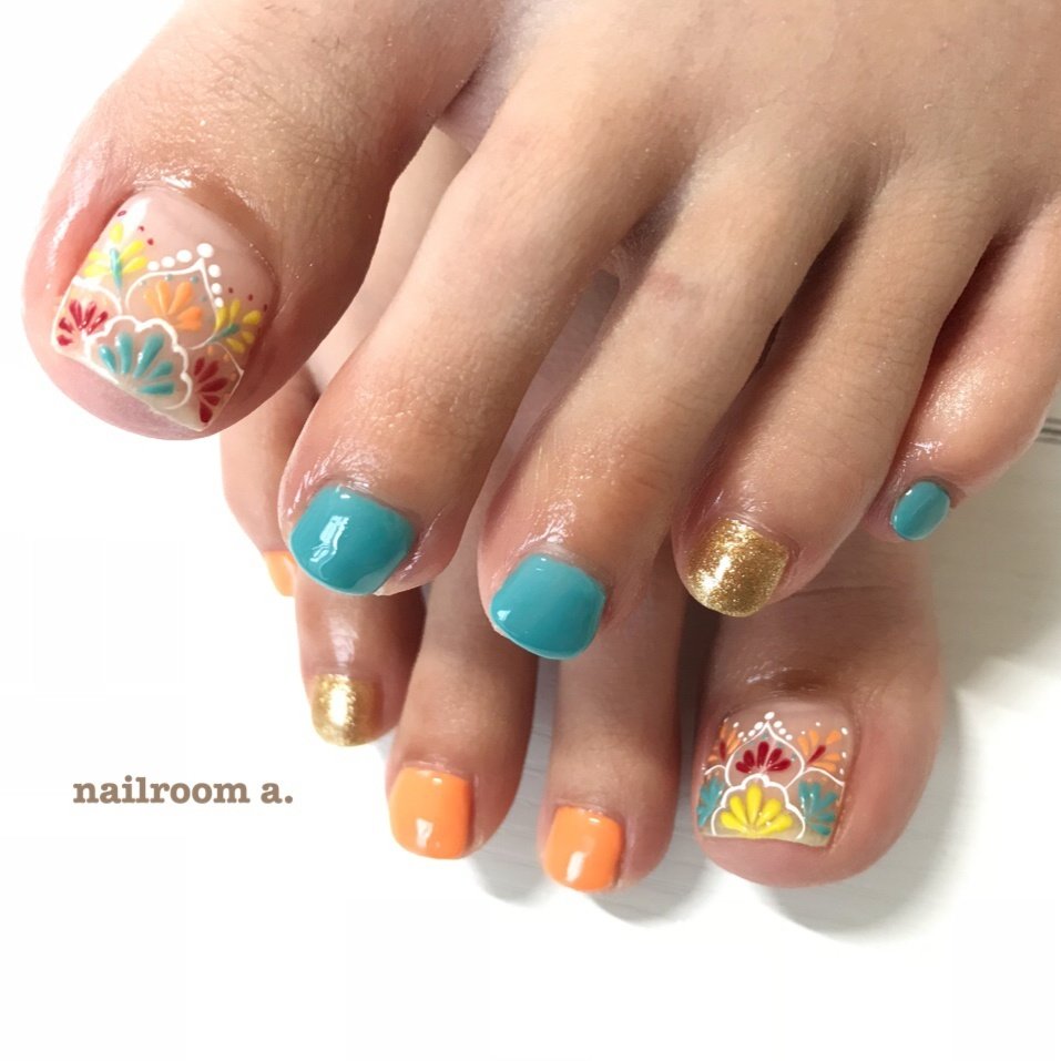 夏 フット ボヘミアン オレンジ ブルー Nailroom A Ishigeのネイルデザイン No ネイルブック