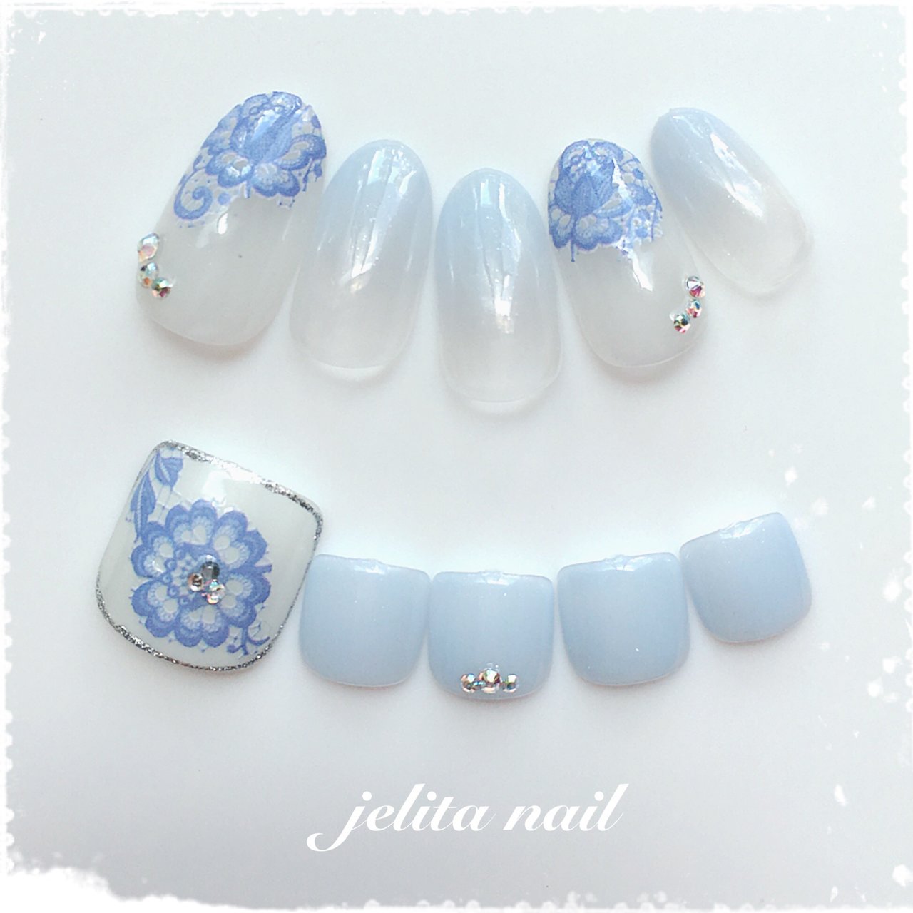 レース 水色 ブルー ネイルチップ Jelita Nail 麻生理香子のネイルデザイン No ネイルブック