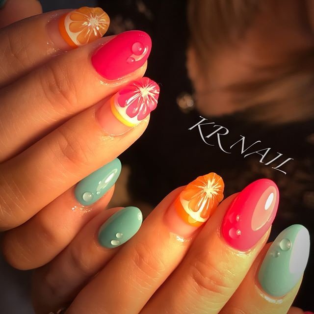 夏 ハンド ワンカラー 水滴 フルーツ Kr Nailのネイルデザイン No ネイルブック