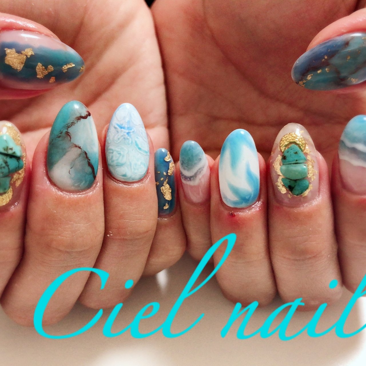 夏海リゾートシェル大理石 Cielnail Nanaeのネイルデザインno