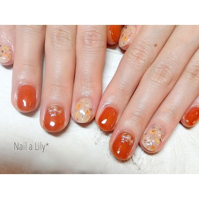 夏 オールシーズン ワンカラー 押し花 オレンジ Nailalily ネイルアリリー Akiのネイルデザイン No ネイル ブック