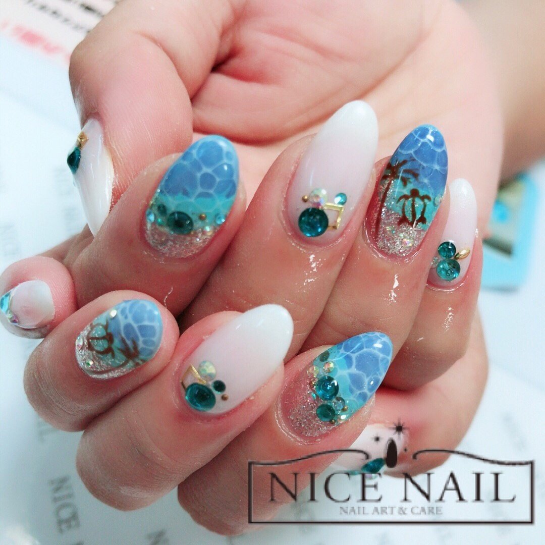 夏旅行海リゾートハンド Nicenailfunabashiのネイルデザインno