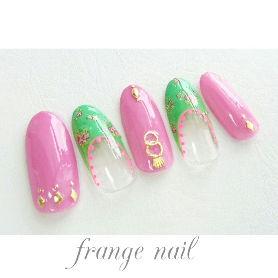 ハンド フレンチ フラワー ピンク グリーン Frange Nailのネイルデザイン No ネイルブック