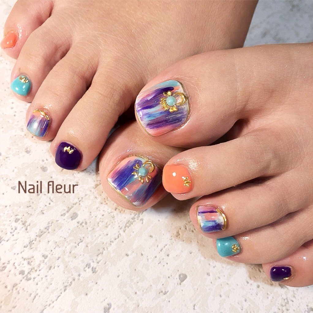 夏 フット オレンジ ターコイズ ブルー Nail Fleur Maki Futsukiのネイルデザイン No ネイルブック