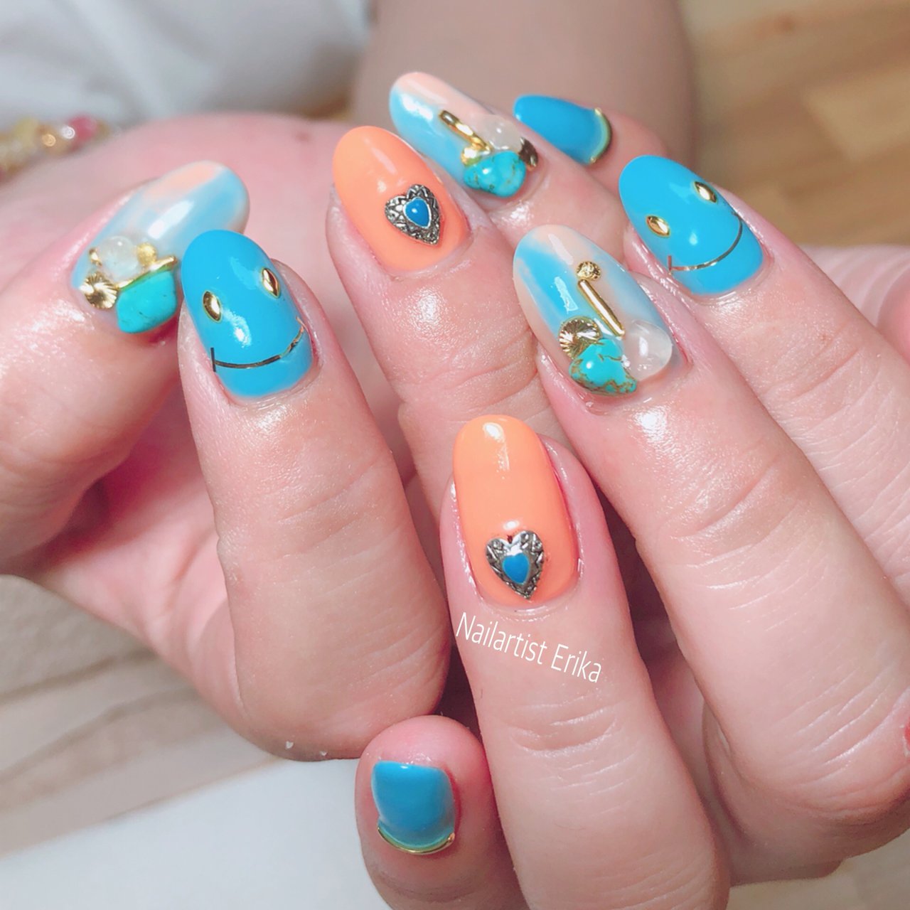 オレンジ ターコイズ 水色 Nailartist Erikaのネイルデザイン No ネイルブック