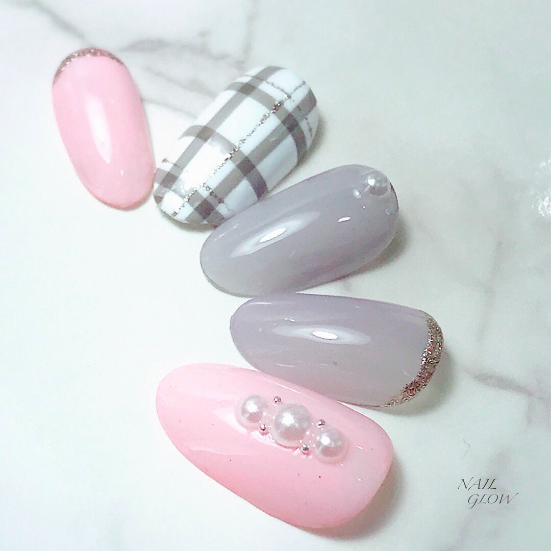 ワンカラー チェック パール ホワイト ピンク Nail Glowのネイルデザイン No ネイルブック