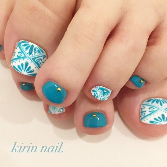 フット アンティーク エスニック ホワイト ブルー Kirinnailのネイルデザイン No ネイルブック