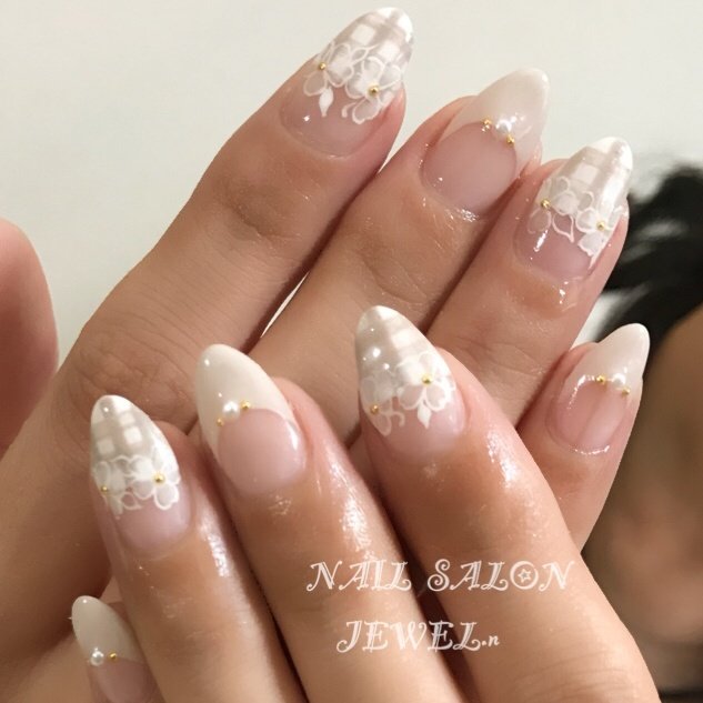 ハンド フレンチ フラワー チェック パール Jewel Nのネイルデザイン No ネイルブック