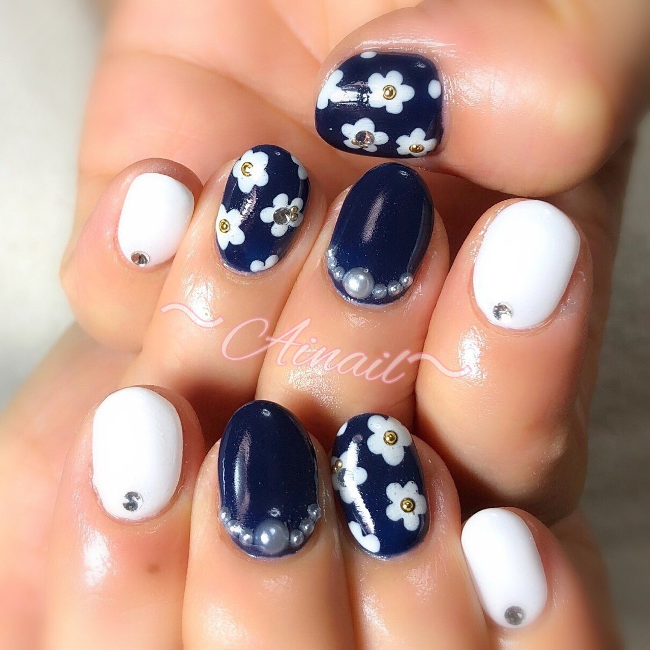 オールシーズン/ハンド/フラワー/ホワイト/ネイビー - 〜Ainail〜の