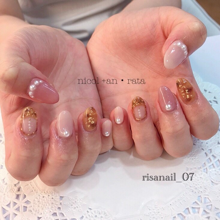 秋 冬 ハンド べっ甲 ピンク Risanail 07のネイルデザイン No 3531365 ネイルブック