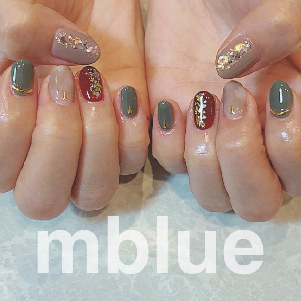 秋 ハンド タイダイ ミディアム ボルドー Mblue Nailのネイルデザイン No ネイルブック