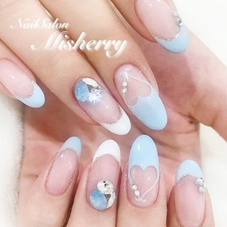 40))ネイルチップ フレンチガーリー ダイヤネイル ブルー 青 夏 ハート