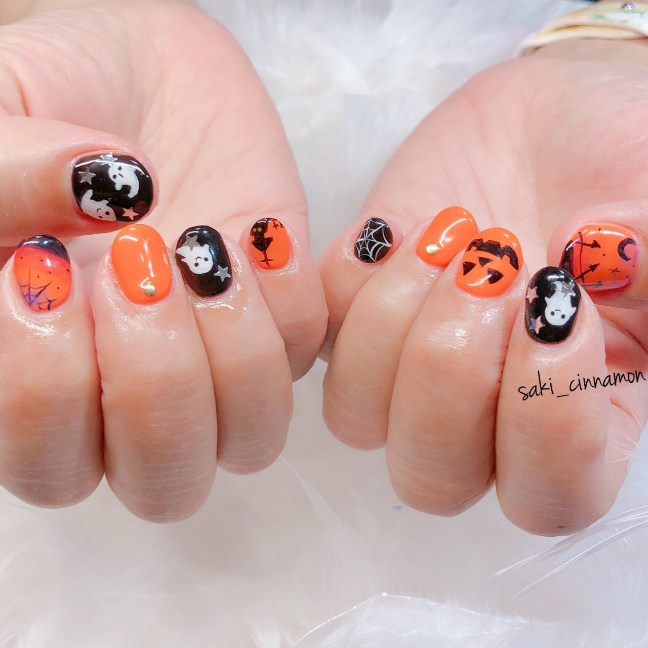 秋 ハロウィン オレンジ ブラック ジェル Saki Cinnamonのネイルデザイン No ネイルブック