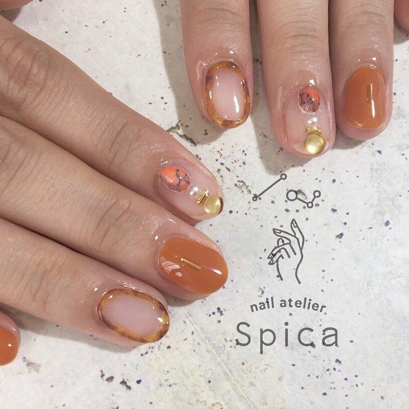 秋 ハンド べっ甲 ショート オレンジ 松本市ネイルサロンnail Atelier Spica ネイルアトリエスピカ のネイルデザイン No ネイルブック