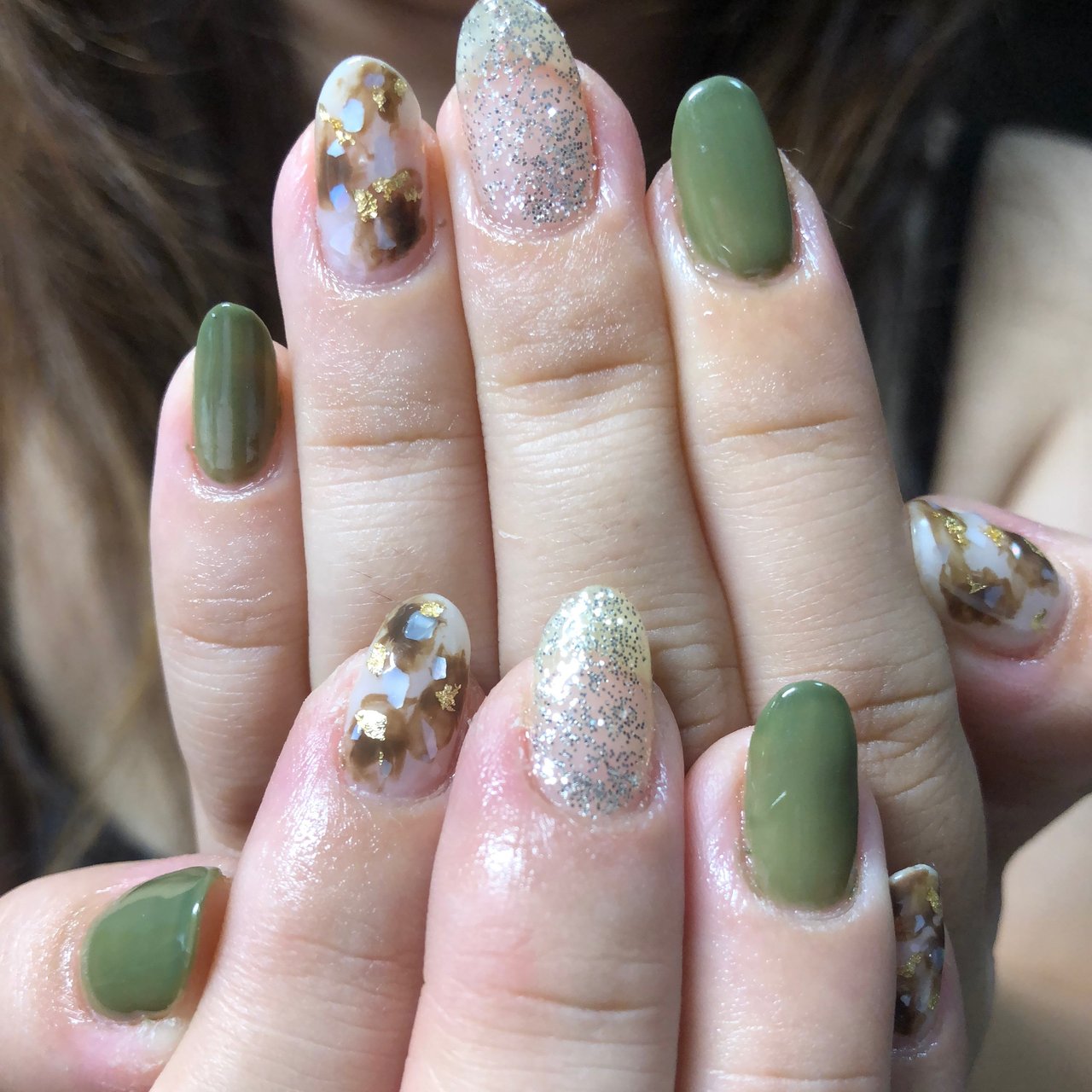 秋 ハンド べっ甲 グリーン ジェルネイル Ri Mama Koのネイルデザイン No ネイルブック