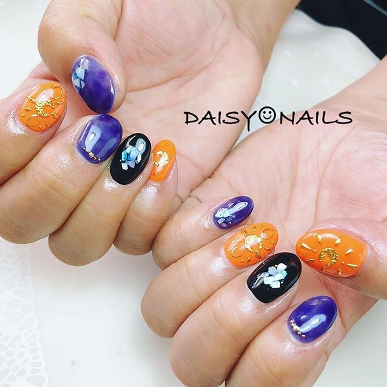 秋 ハロウィン ハンド シェル タイダイ Blue Daisyのネイルデザイン No ネイルブック