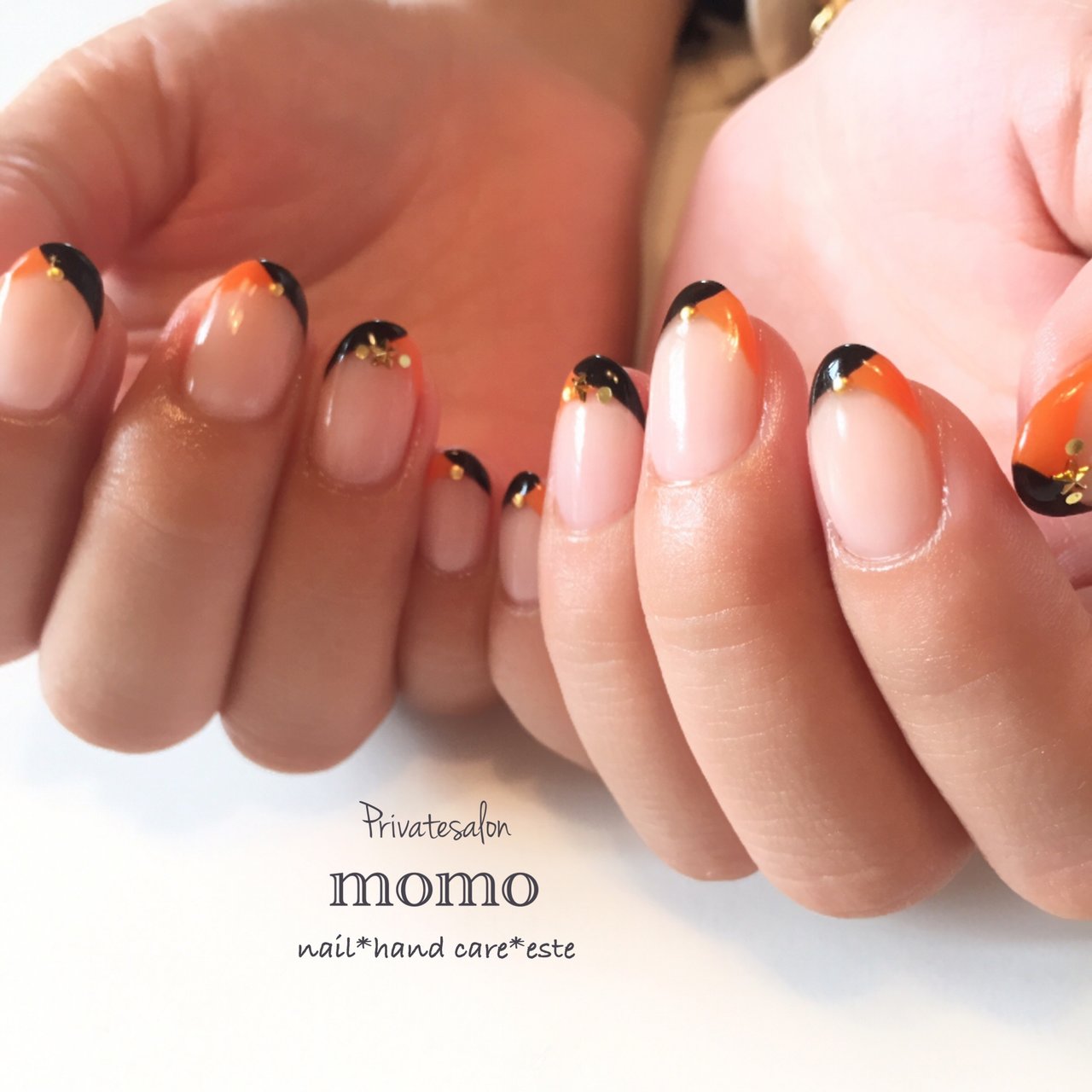 ハロウィン ハンド 変形フレンチ オレンジ ブラック Momoのネイルデザイン No ネイルブック