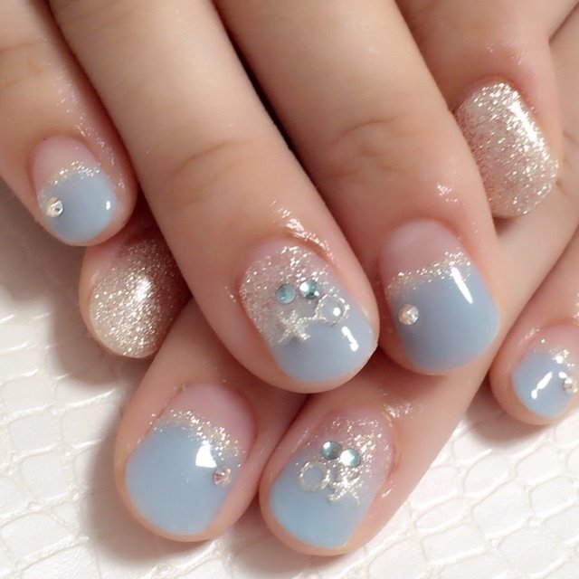 夏 デート ハンド 変形フレンチ ラメ Shinynail103のネイルデザイン