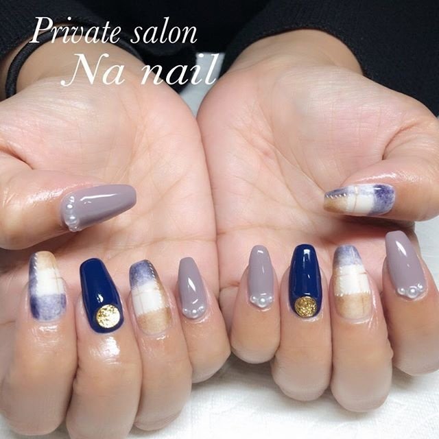 秋 冬 ハンド チェック パール Na Nailのネイルデザイン No 3632380