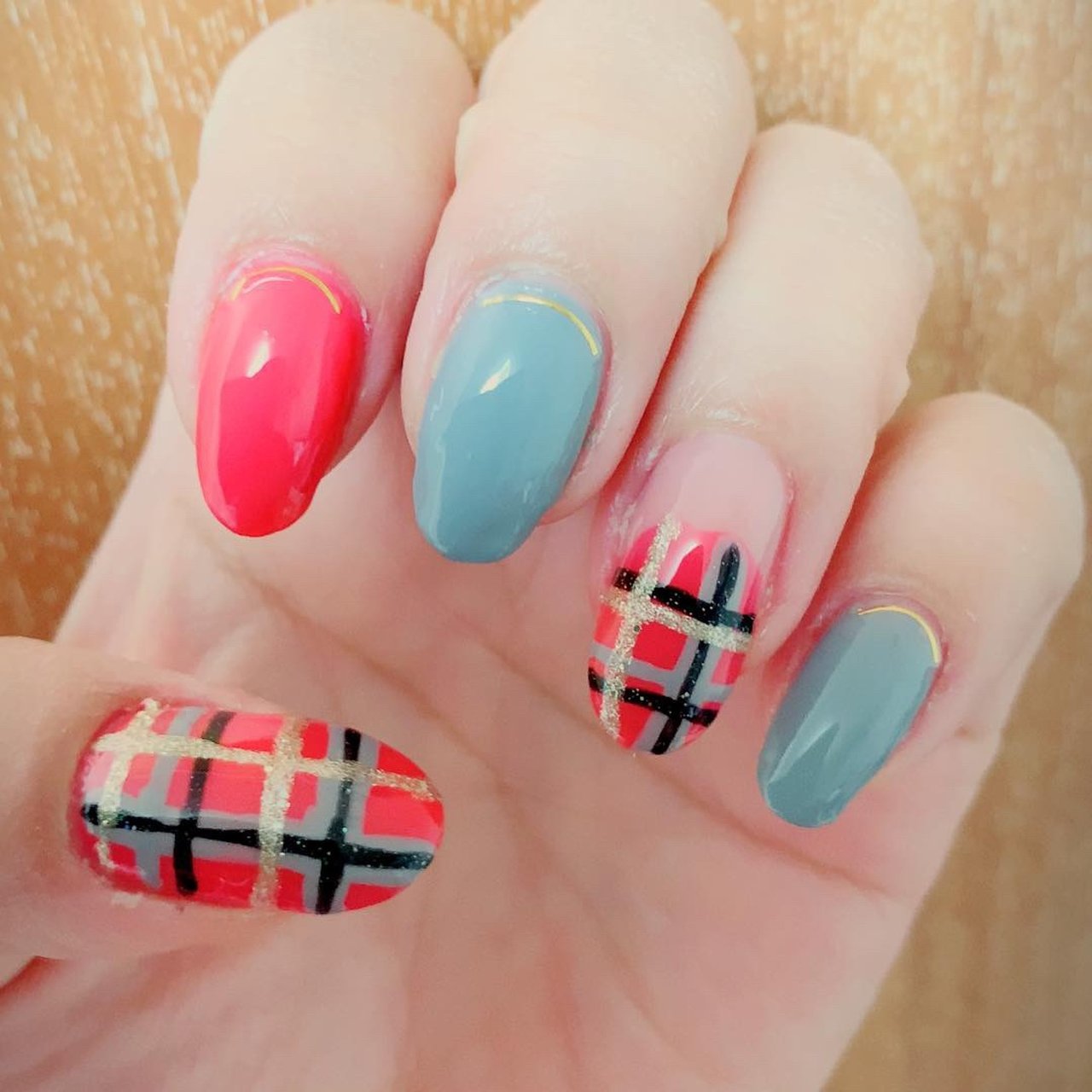 ハンド チェック ピンク グレー ブラック Lovecocacolaのネイルデザイン No ネイルブック