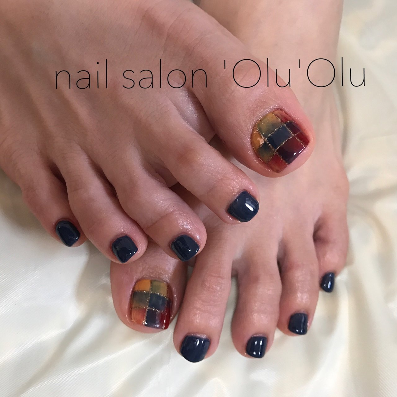 秋 冬 フット チェック オレンジ Oluolu Nailのネイルデザイン No ネイルブック