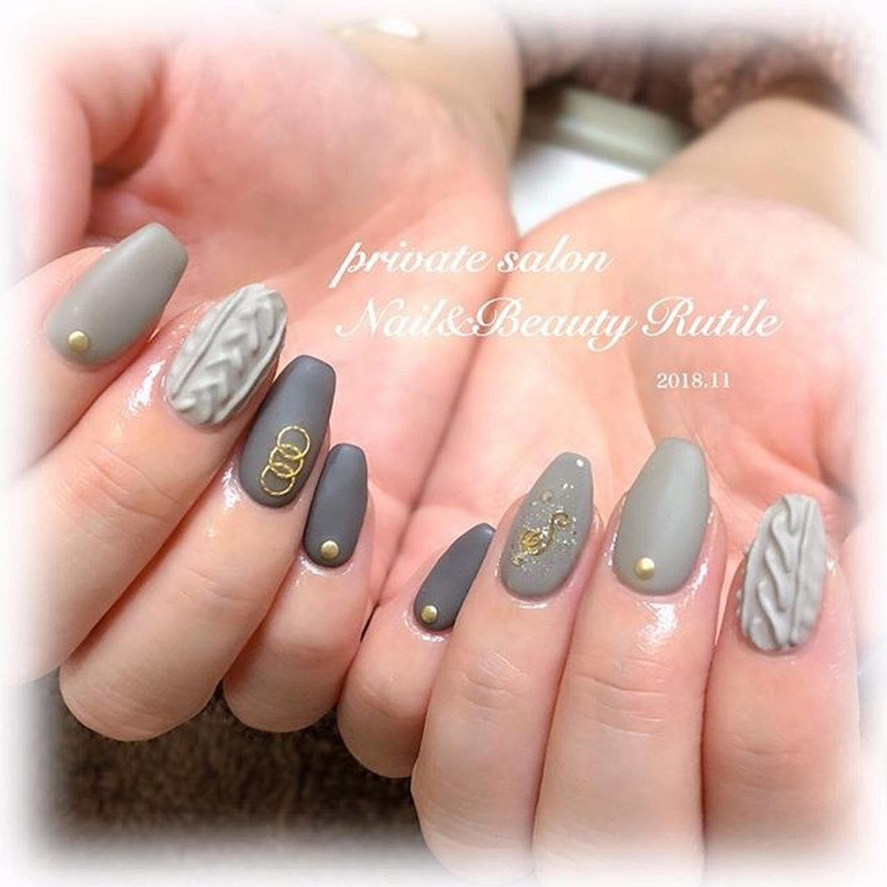 【No.040】ネイルチップ♡グレーネイル♡ニットネイル♡マットコート No.040】ネイルチップ♡グレーネイル♡ニットネイル♡マットコート No