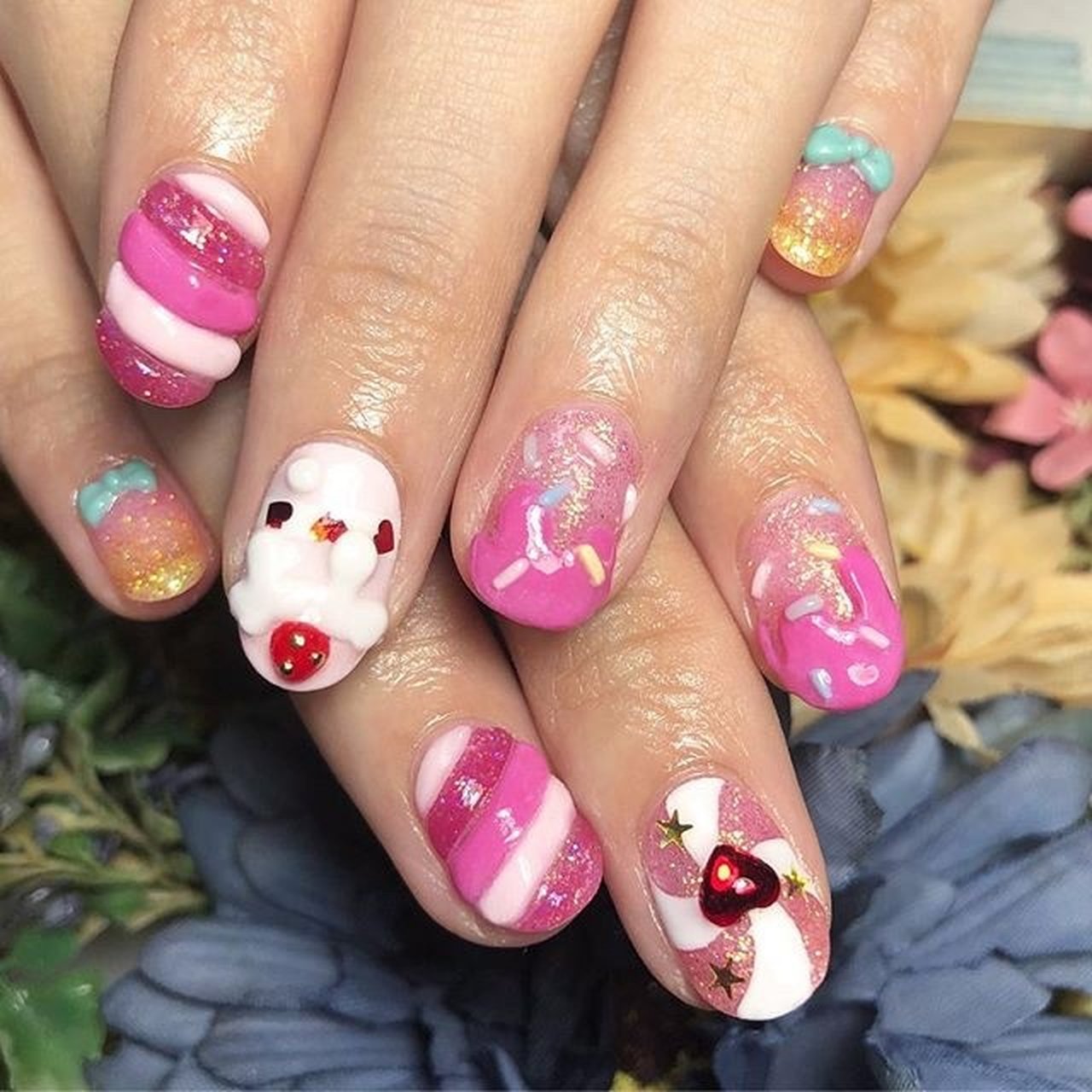 ハンド/3D/デコ/スイーツ/ピンク - cheri_nailのネイルデザイン