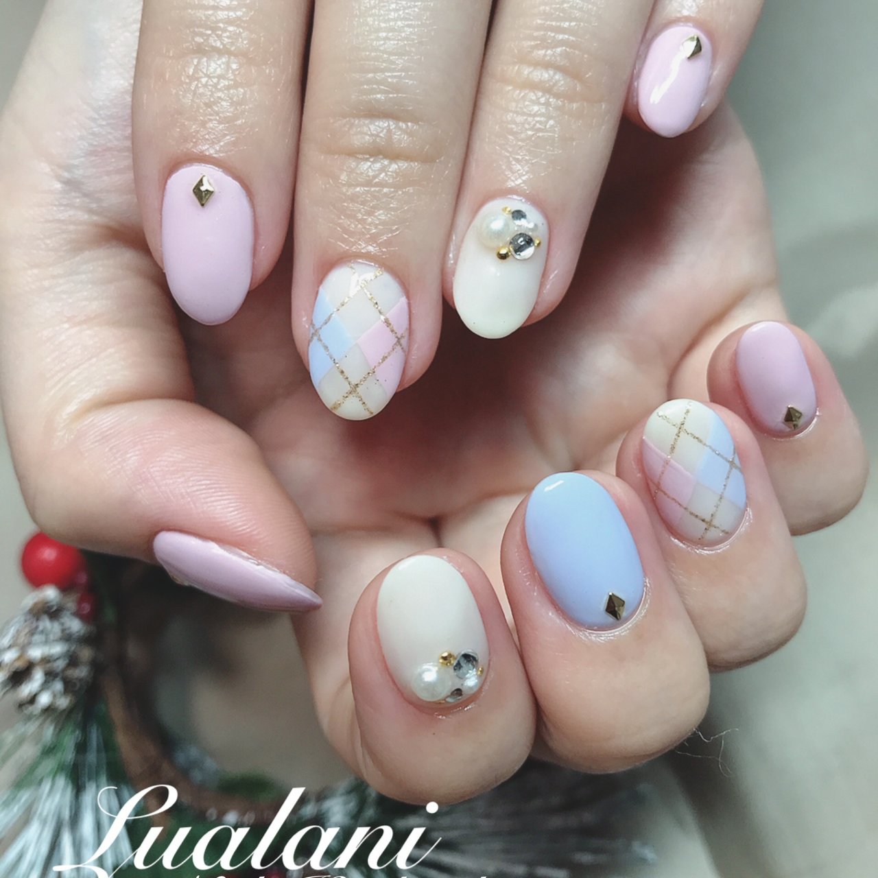 冬 ハンド アーガイル パステル ジェル Lualani Nailのネイルデザイン No ネイルブック