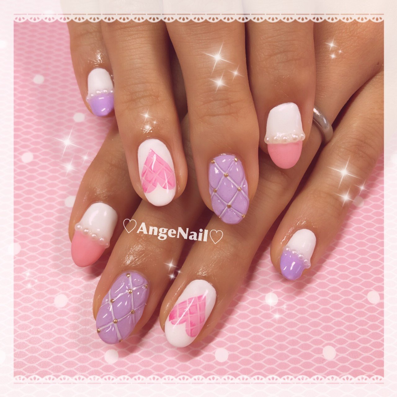 キルティング/ホワイト/ピンク/パープル - AngeNailのネイル