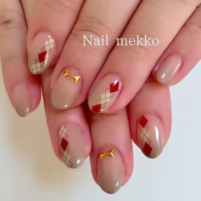 グラデーション チェック リボン アーガイル ベージュ Nail Mekkoのネイルデザイン No ネイルブック