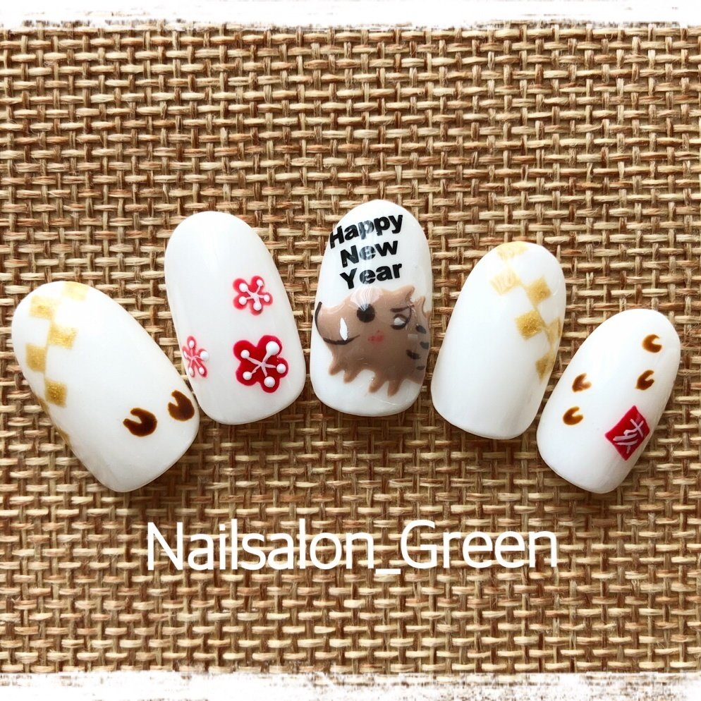 冬 お正月 ハンド アニマル柄 和 Nailsalon Greenのネイルデザイン No ネイルブック